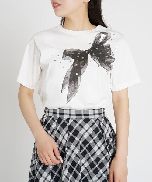 STRAWBERRY-FIELDS リボンプリントTシャツ ストロベリーフィールズ トップス カットソー・Tシャツ ホワイト