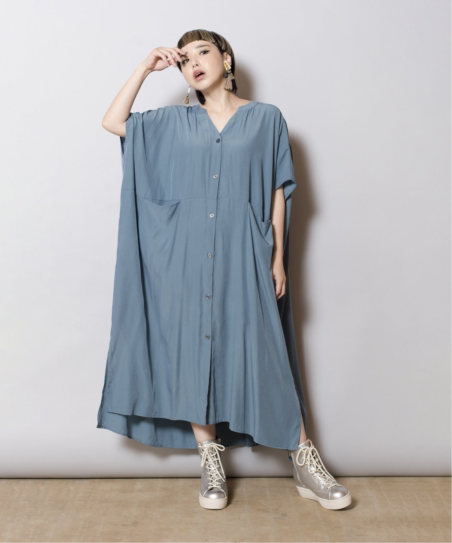 【SALE/10%OFF】OSMOSIS ワイドシャツワンピース オズモーシス ワンピース・ドレス シャツワンピース ブルー グレー ベージュ【送料無料】