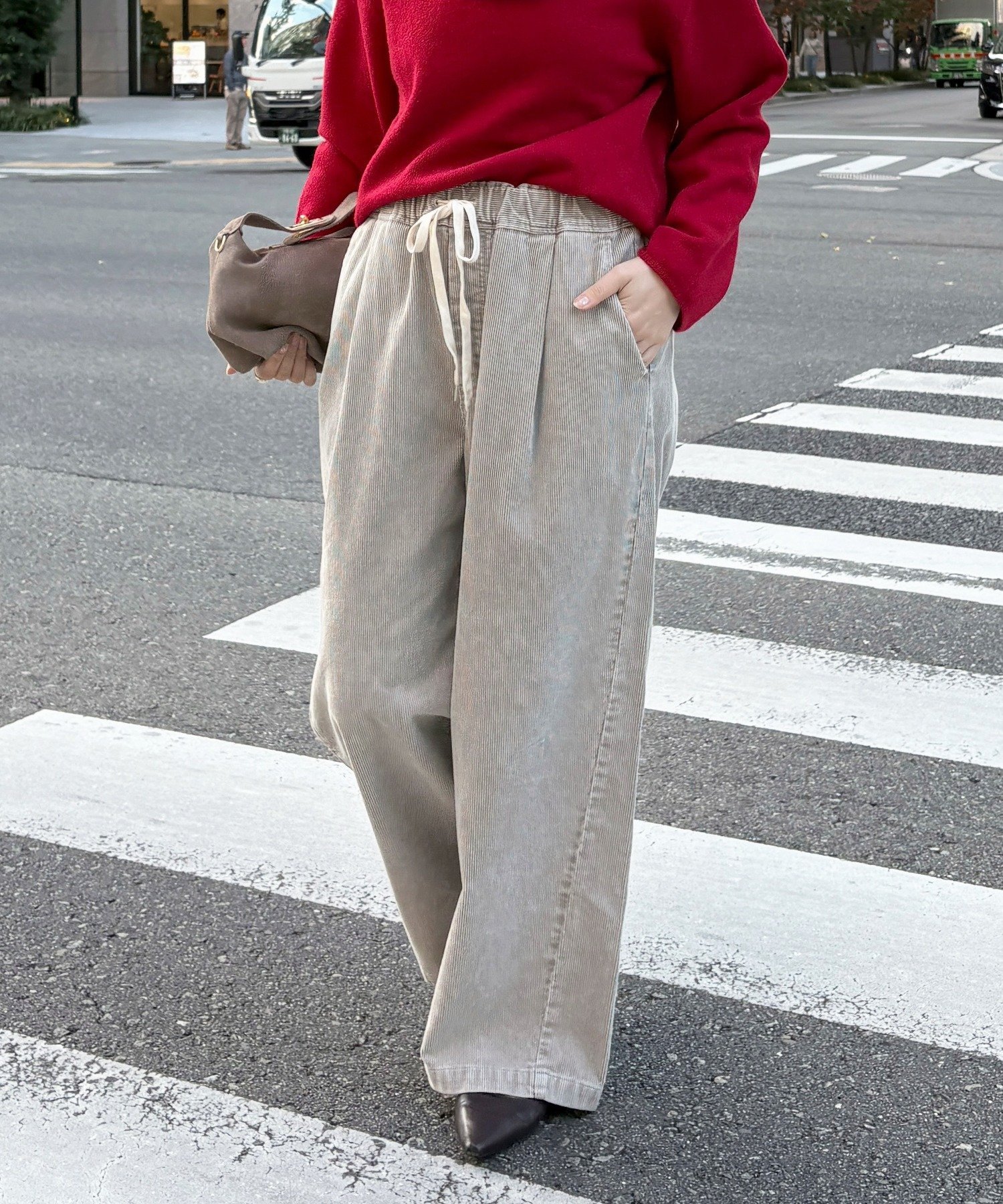 DouDou コーデュロイワイドイージーパンツ ドゥドゥ パンツ その他のパンツ グレー ホワイト【送料無料】