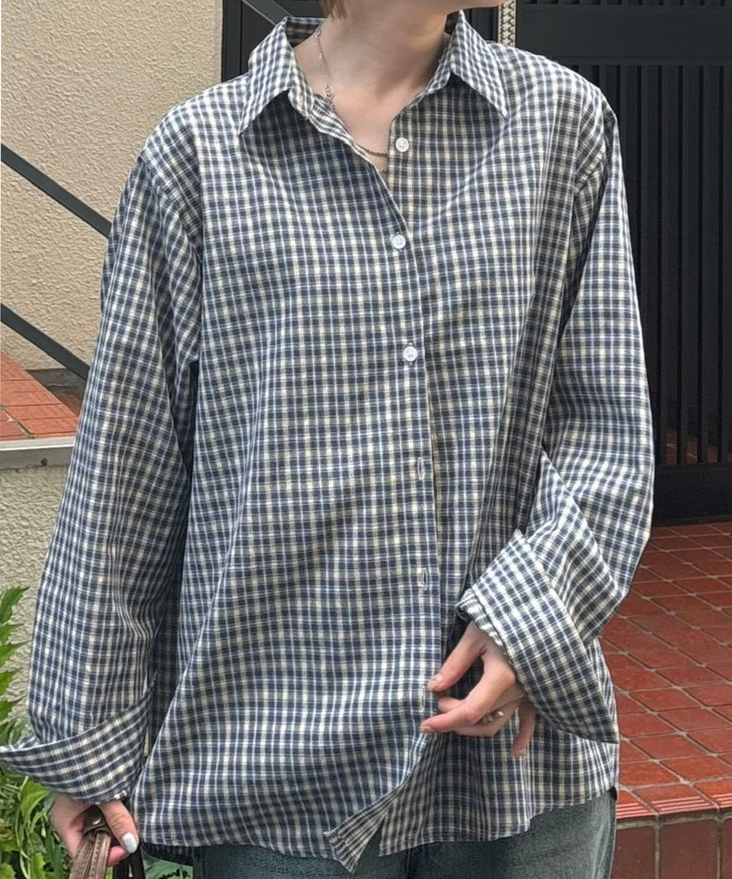 + 【Chikashitsu +】loose fit check shirt チェックシャツ 柄シャツ オーバーサイズ ネバーマインドザエックスユー／チカシツプラス トップス シャツ・ブラウス ブラック ネイビー