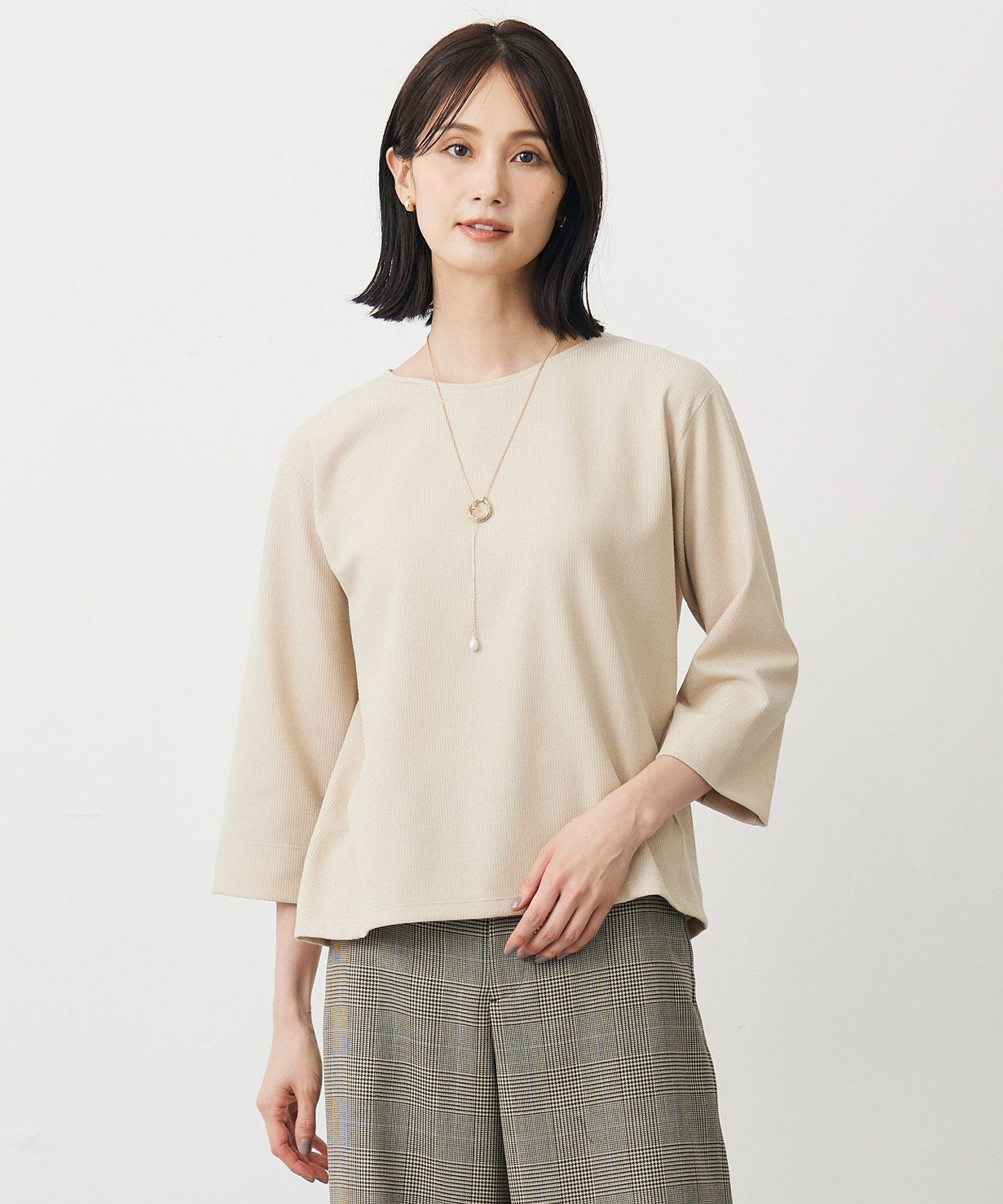 J.PRESS LADIES L ラメ針抜き カットソー ジェイプレス トップス カットソー・Tシャツ ベージュ ネイビー