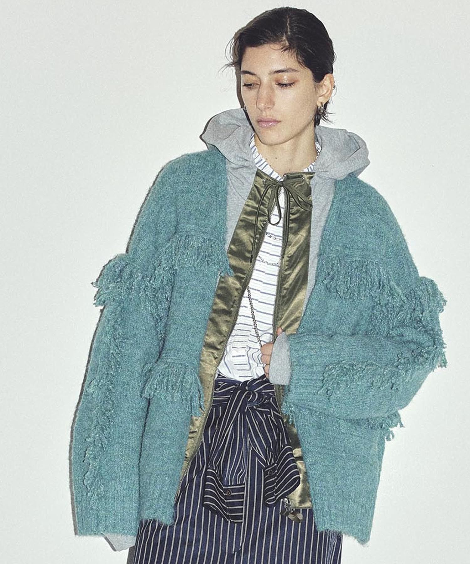 ROSE BUD FRINGE KNIT CARDIGAN ローズバッド トップス ニット グリーン ブラウン