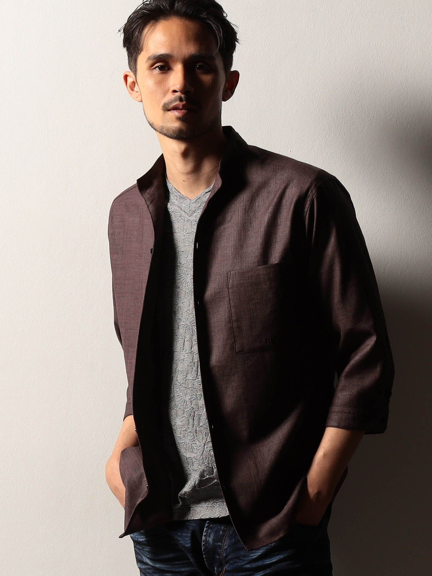 NICOLE CLUB FOR MEN 【RIELABO】ショートスタンドカラー7分袖シャツ ニコル トップス シャツ・ブラウス ワインレッド ブルー グレー