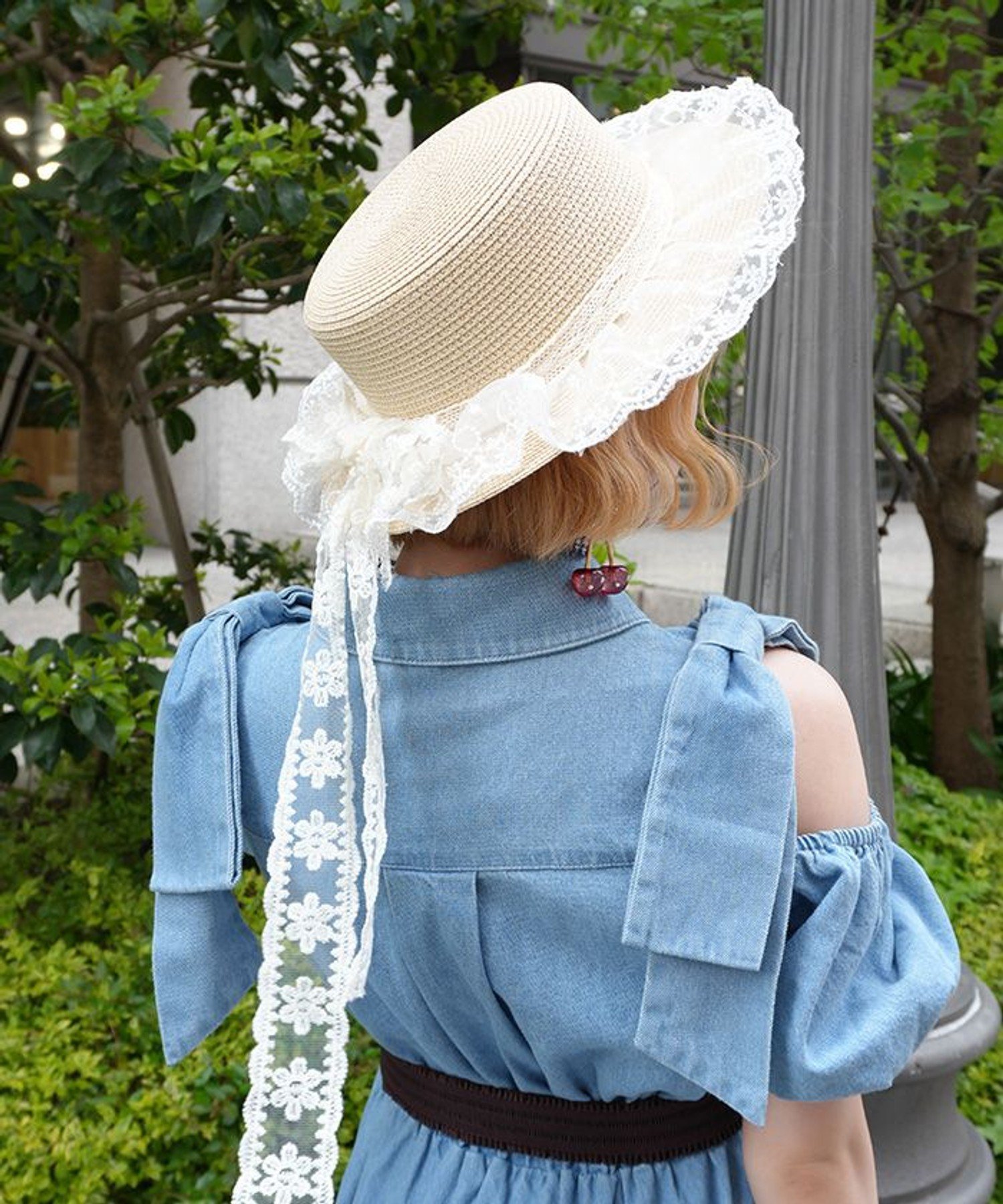 axes femme POETIQUE レースリボン付き雑材風ハット アクシーズファム 帽子 ハット ベージュ