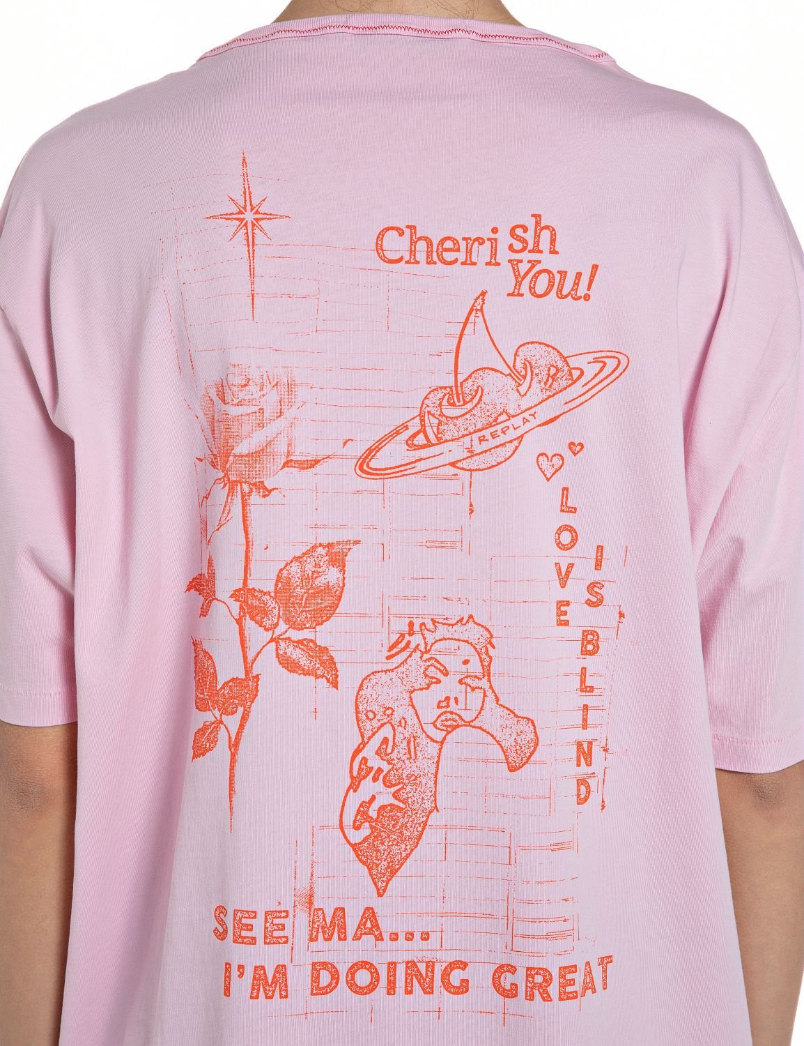 オーバーダイコットンジャージーTシャツ リプレイ トップス カットソー・Tシャツ ピンク ホワイト