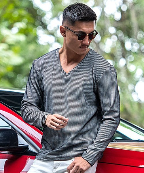 CavariA ふくれストライプVネックロンTEE シルバーバレット トップス カットソー・Tシャツ ホワイト ベージュ ブラック
