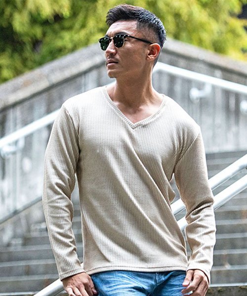 CavariA ふくれストライプVネックロンTEE シルバーバレット トップス カットソー・Tシャツ ホワイト ベージュ ブラック