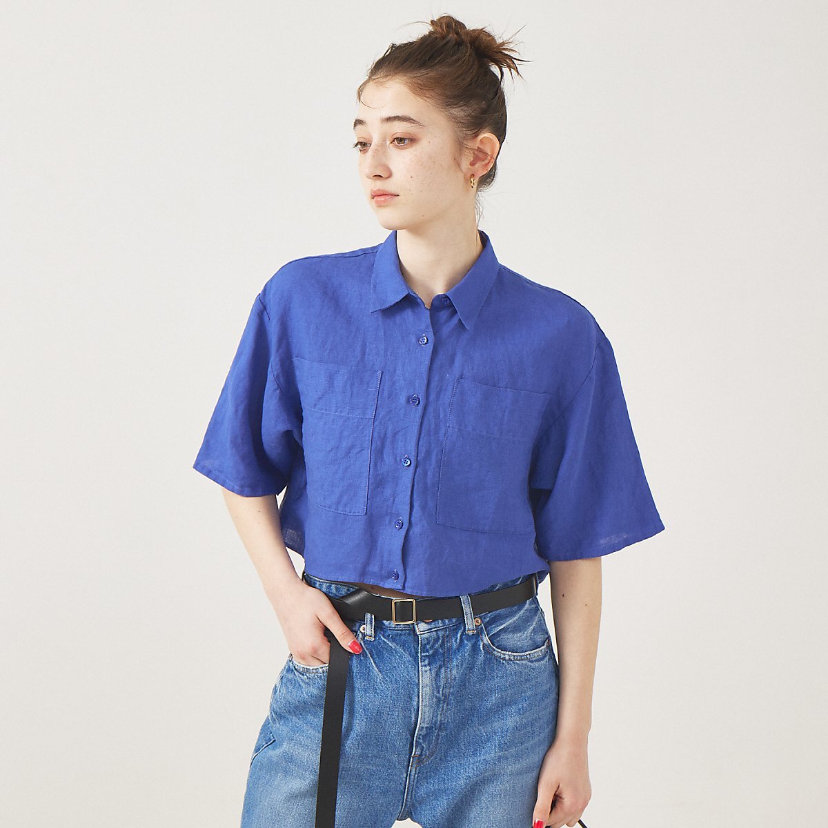 Rouge vif la cle 【セットアップ対応】麻製品染ショートシャツ ルージュ・ヴィフ ラクレ トップス シャツ・ブラウス グレー ブルー