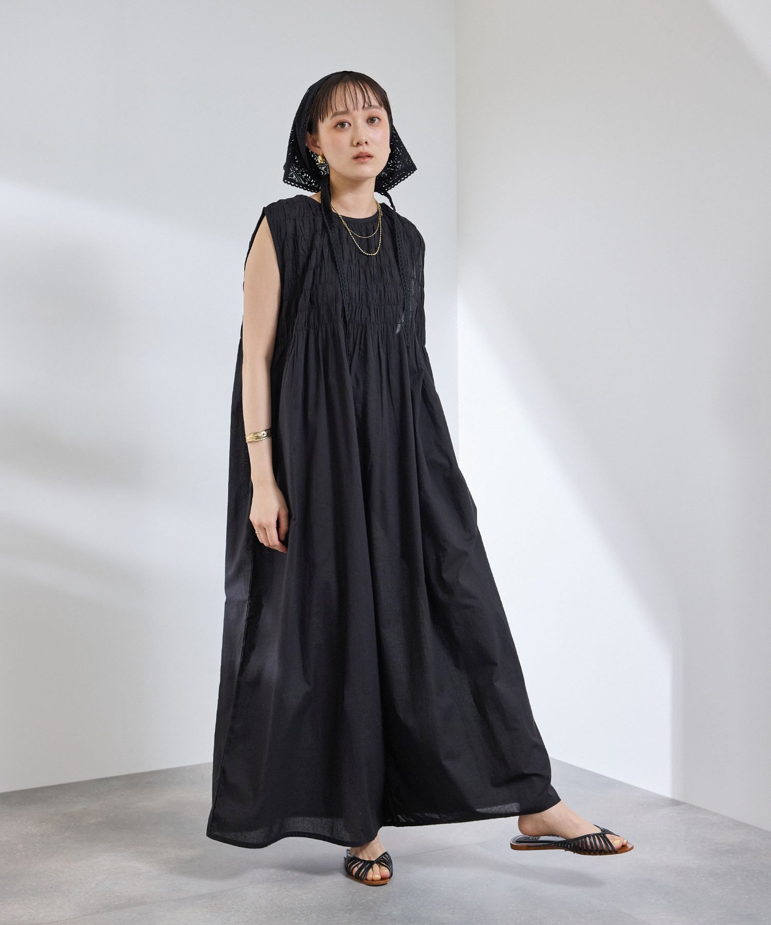 Cross Marche "Breathable" Summer Beauty Gathered Wide All-in-One Cross Marche All-in-One/Overalls All-in-One/Jumpsuit Black Gray [Free Shipping]