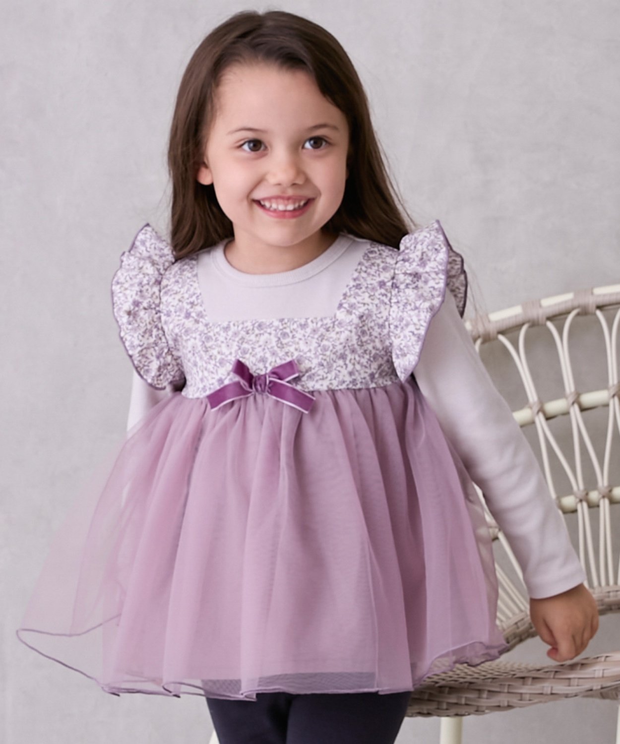 petit main お花チュールドッキング長袖T ナルミヤオンライン トップス カットソー・Tシャツ グレー ホワイト ピンクのサムネイル