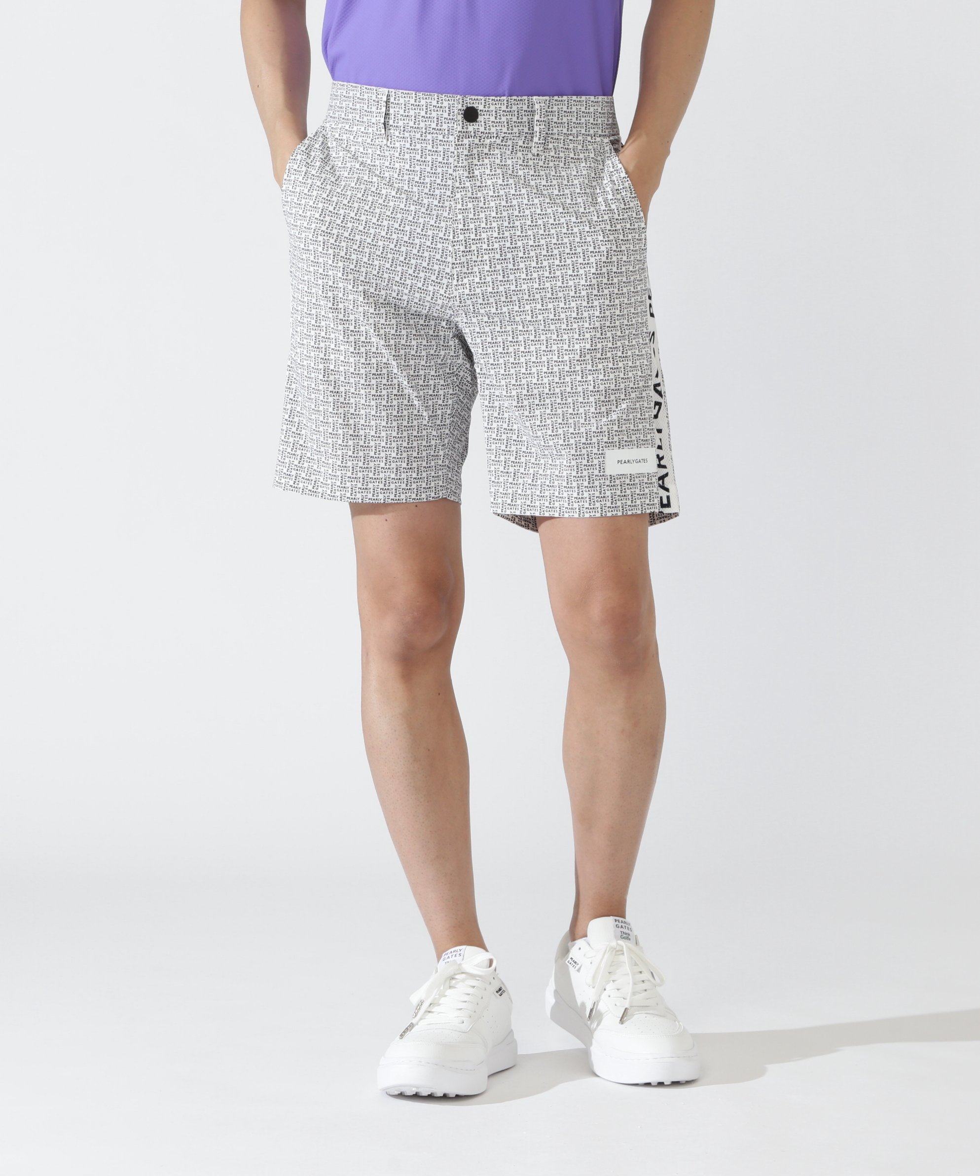 PEARLY GATES ナイロンアクティブストレッチ×KAZEメッシュショートパンツ ＜ロゴ総柄＞ パーリーゲイツ パンツ その他のパンツ ホワイト