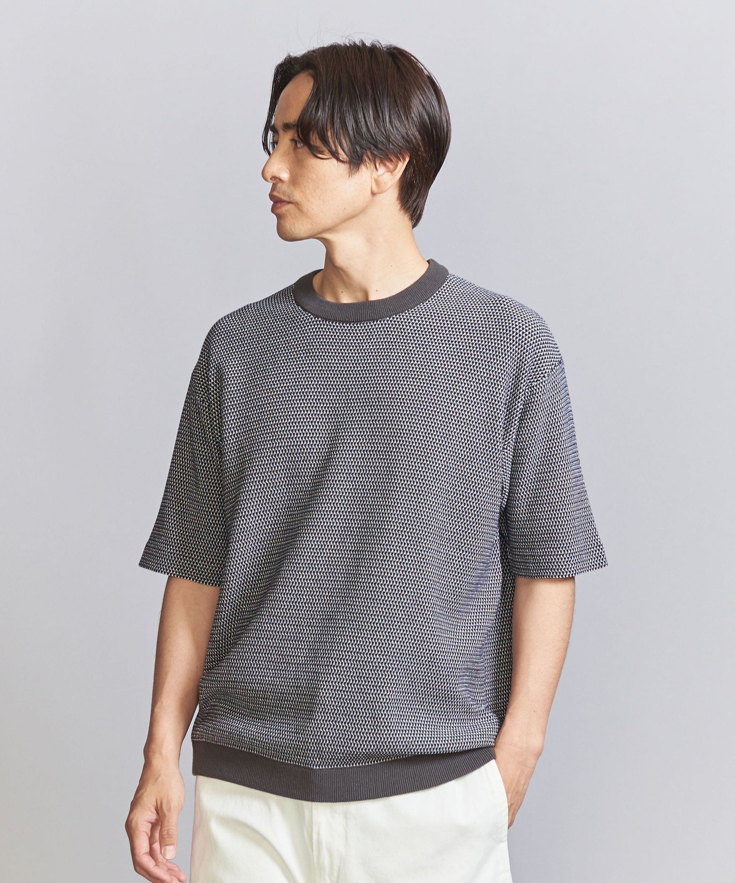 BEAUTY&YOUTH UNITED ARROWS ハイゲージ ドロップ パターン クルーネック ニット ビューティー＆ユース　ユナイテッドアローズ トップス ニット グレー ホワイト ベージュ【送料無料】 1