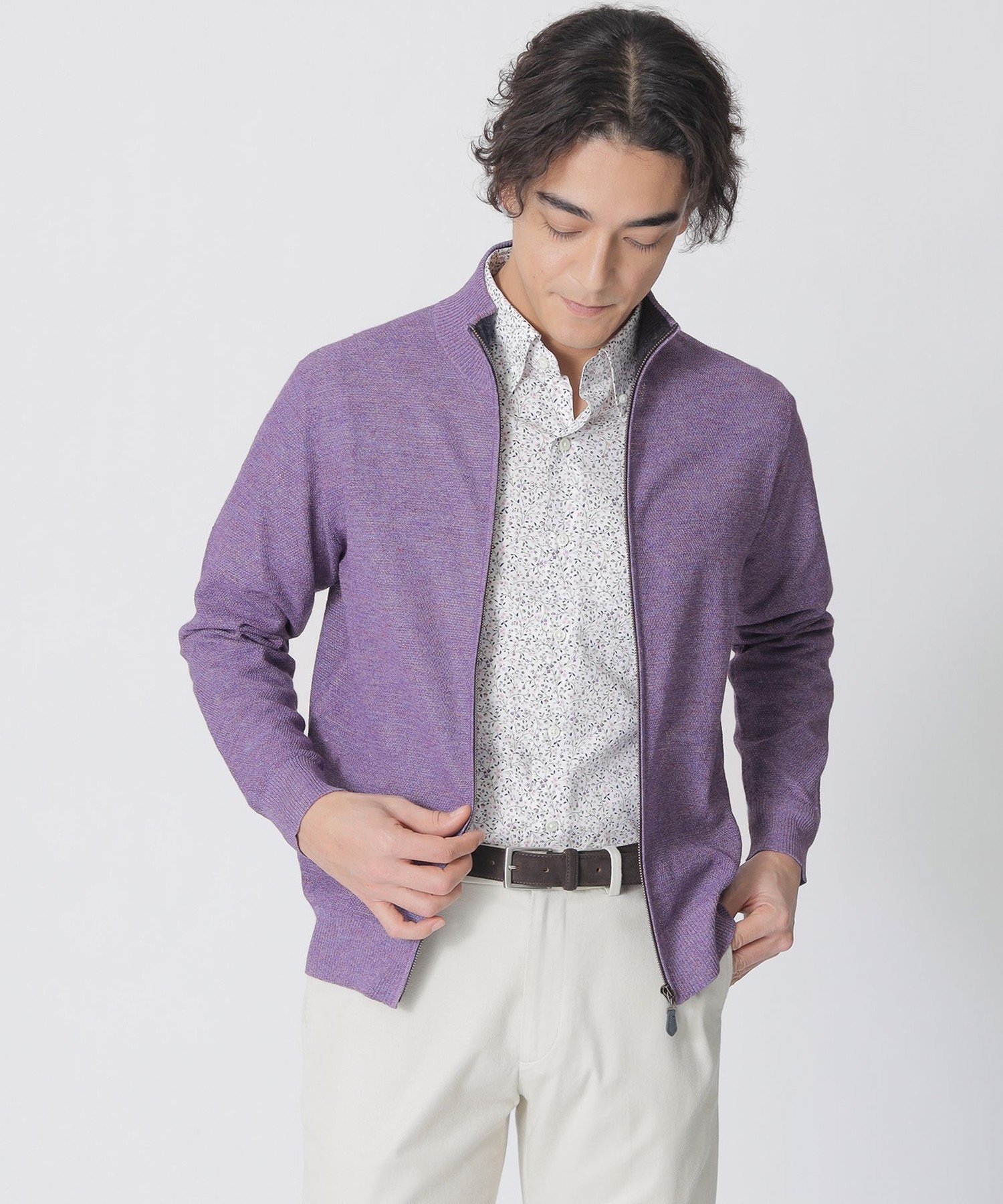 【SALE／30%OFF】Paul Stuart ラミー鹿の子フルジップセーター ポール・スチュアート トップス ニット ネイビー ホワイト パープル【送料無料】