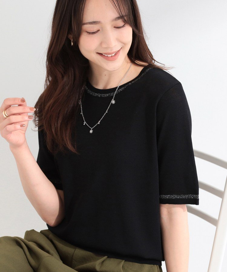 【SALE／30%OFF】SHOO・LA・RUE 【洗濯機可/S-LL】キラッと華やか ラメライン五分袖ニット シューラルー トップス ニット ブラック グリーン