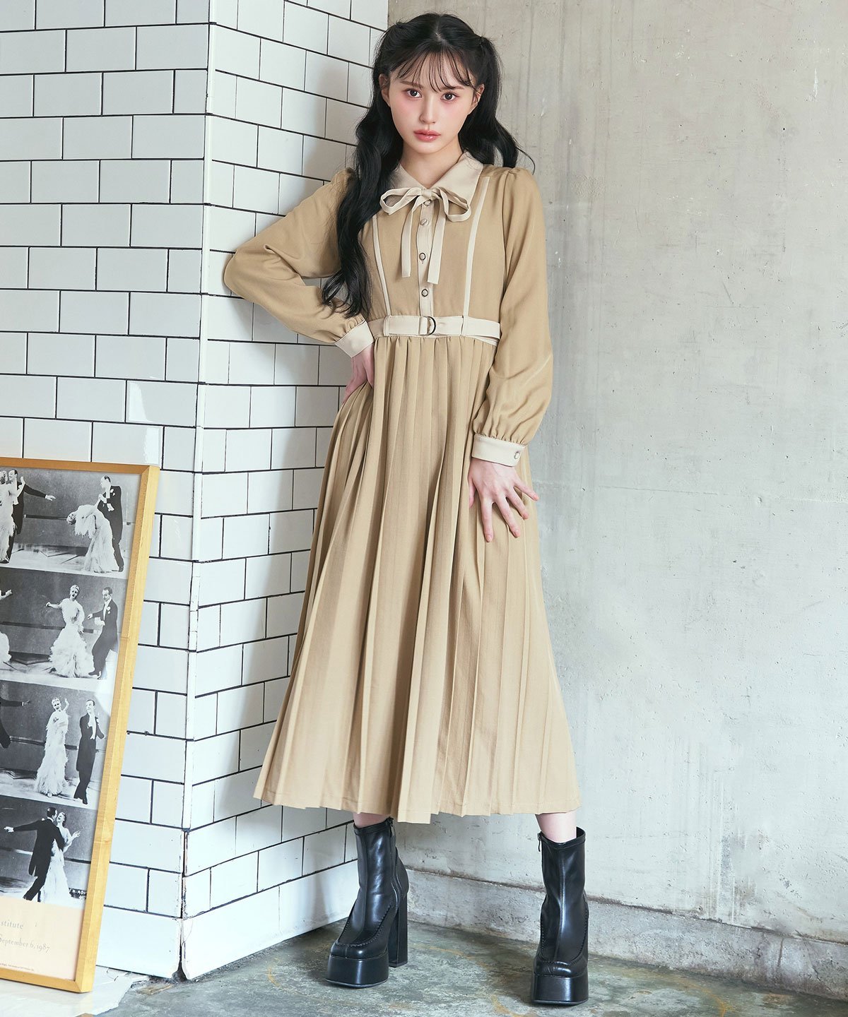 楽天Rakuten FashionREDYAZEL クラシカルバイカラーラインリボンタイプリーツロングワンピース レディアゼル ワンピース・ドレス その他のワンピース・ドレス パープル ベージュ【送料無料】