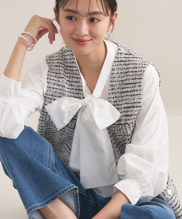 【SALE/10%OFF】INDIVI 【2点セット/洗える/セレモニー】ツイードジレ&ボウタイブラウス インディヴィ トップス アンサンブル ホワイト ブルー...