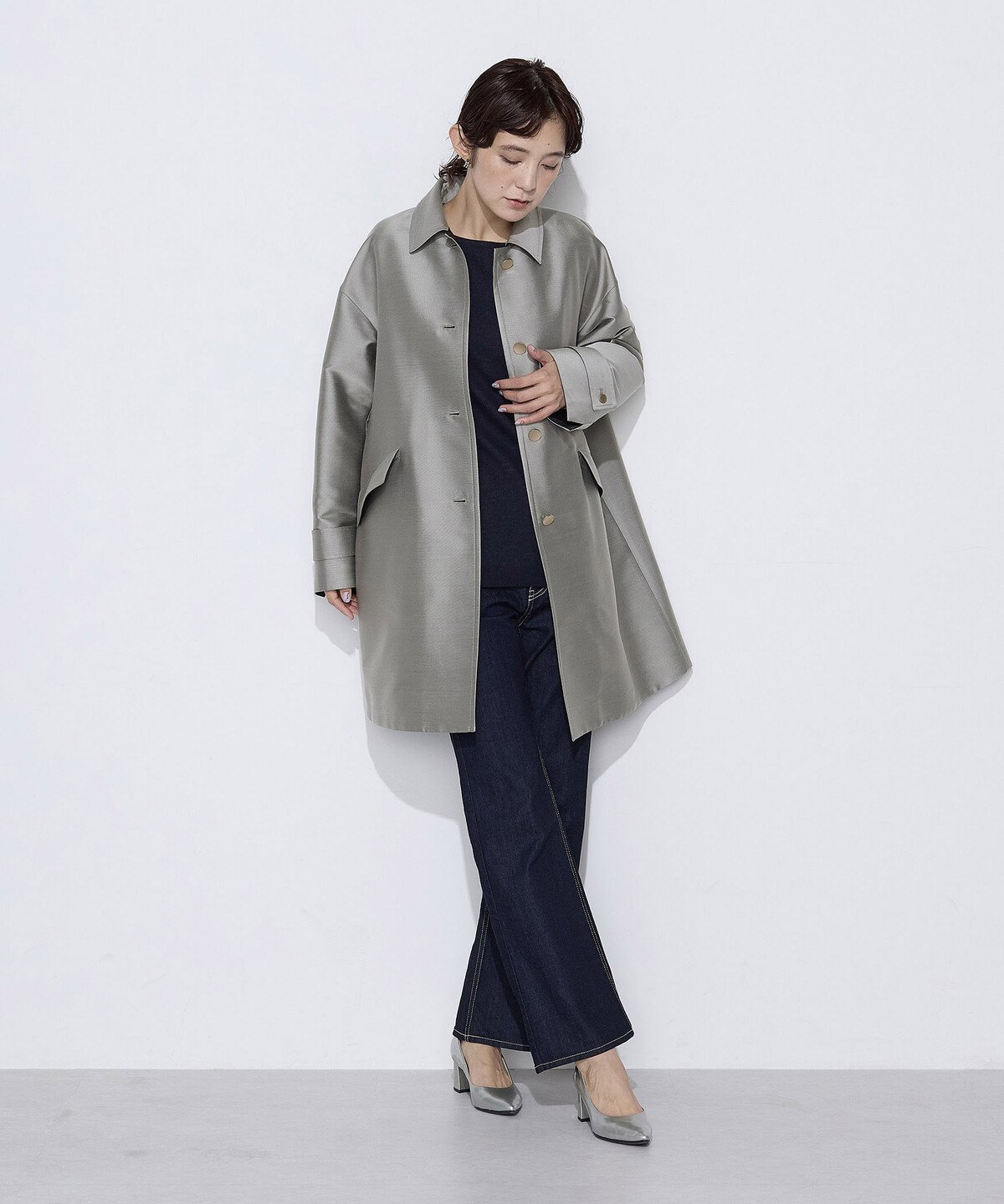 K.T KIYOKO TAKASE シルクチェック コンバーチブルステンカラーコート コムサ ジャケット・アウター ステンカラーコート ブラック ネイビー