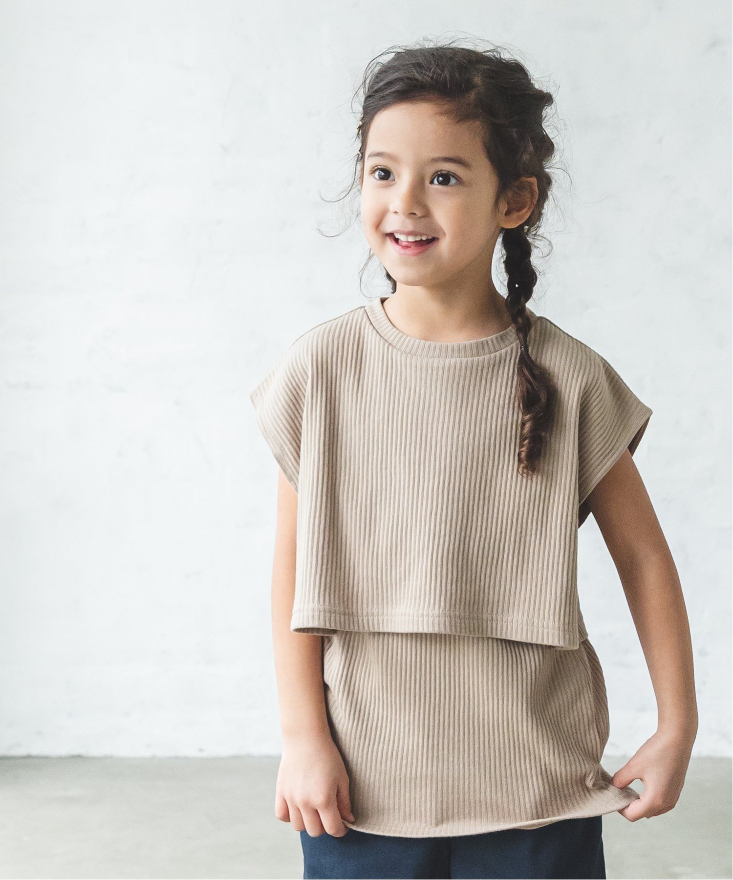 【SALE／14%OFF】pairmanon 【プレミアムリブコットン100%】【ママとおそろい】レイヤード風 トップス バック リボン フレンチスリーブ Tシャツ プルオーバー カットソー ガールズ ペアマノン トップス シャツ・ブラウス ベージュ ホワイト グリーンのサムネイル