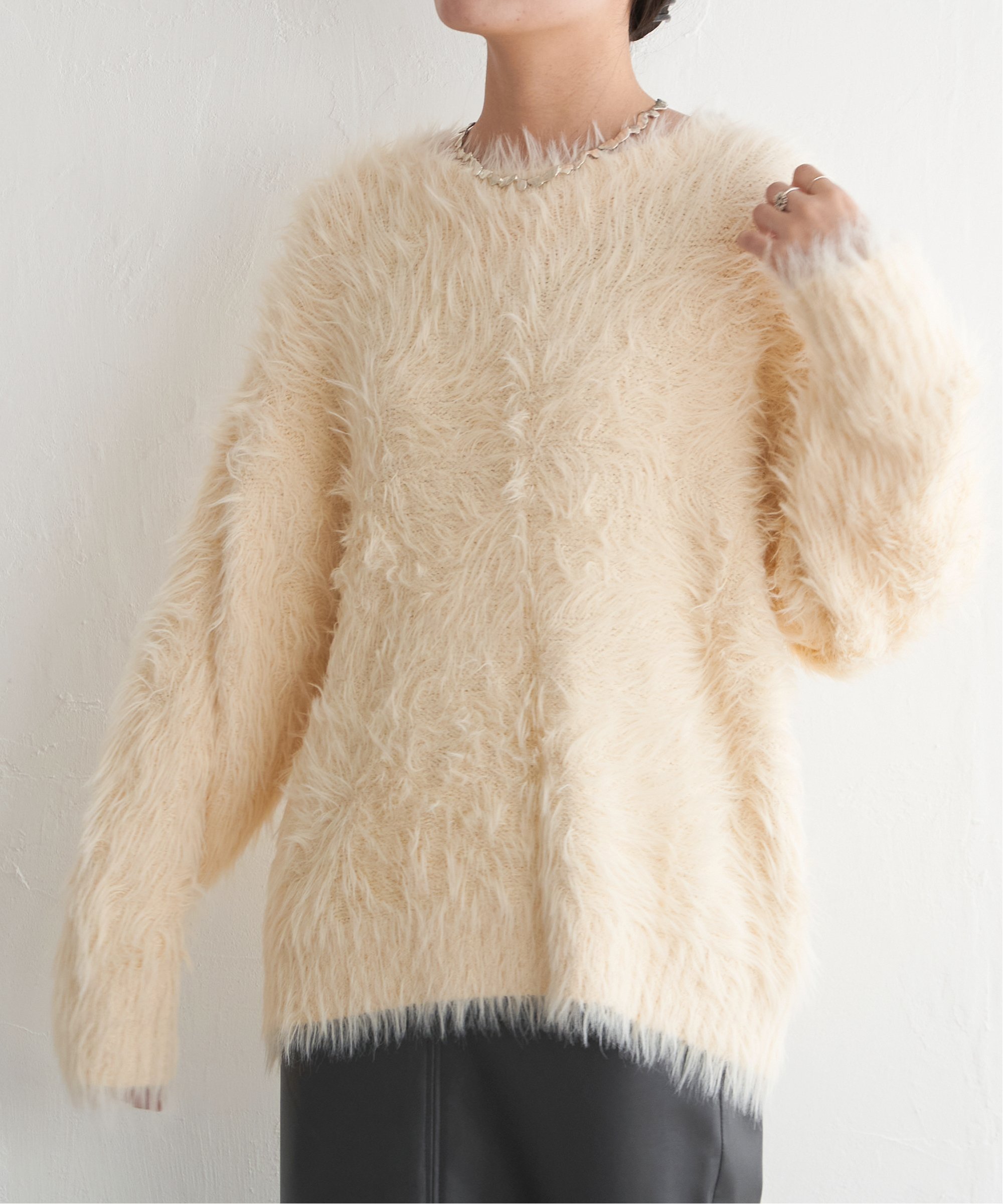 VENCE share style Ladys フェイクフェザー天竺プルオーバー ヴァンス エクスチェンジ トップス ニット ネイビー ホワイト イエロー グレー