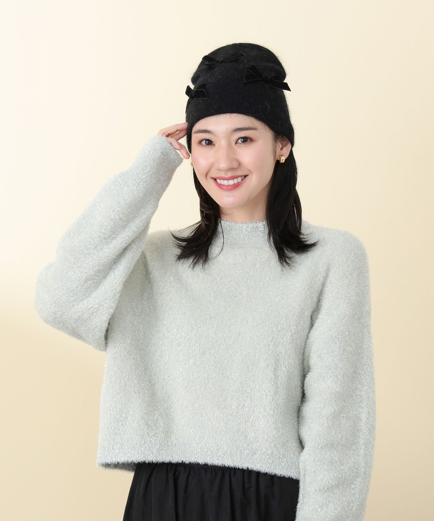 【SALE／40%OFF】BEAMS HEART WOMEN リボン フェイクファー ワッチキャップ 防寒 ギフト 24AW ビームス ハート 帽子 ニット帽・ビーニー ベージュ ブラック