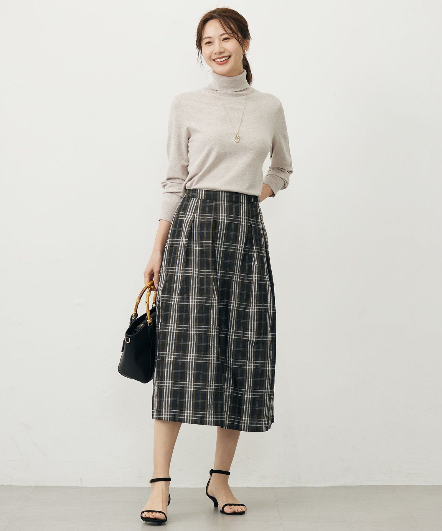 J.PRESS ハイマルチタフタ チェック フレアスカート ジェイプレス スカート ロング・マキシスカート ブラック
