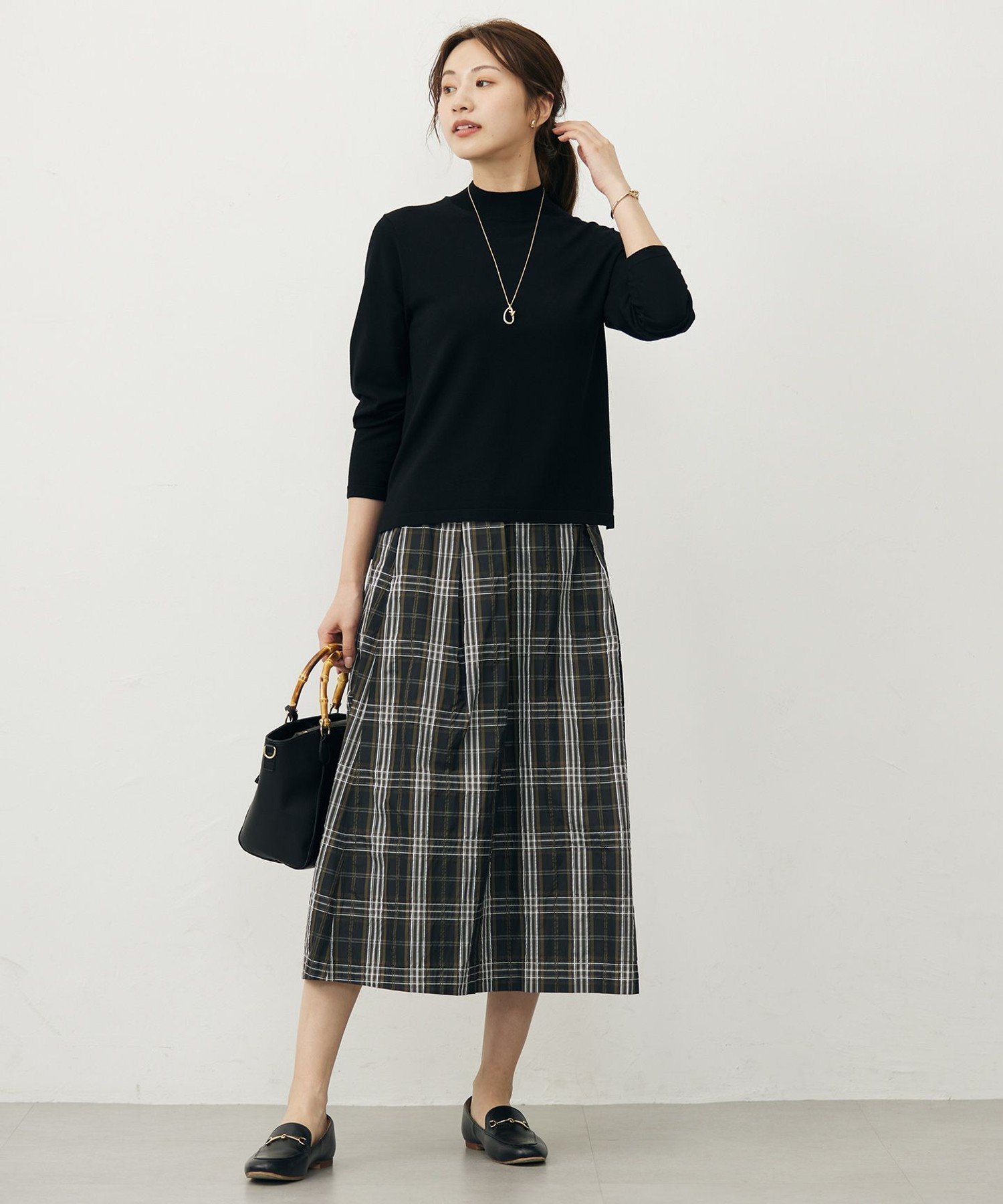 J.PRESS ハイマルチタフタ チェック フレアスカート ジェイプレス スカート ロング・マキシスカート ブラック