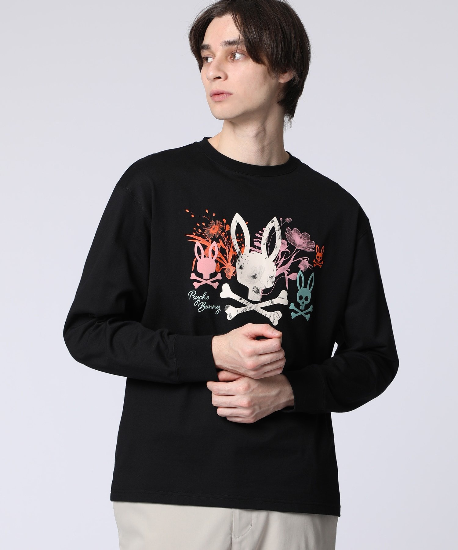 Psycho Bunny フラワーグラフィック ロングスリーブTシャツ サイコバニー トップス カットソー・Tシャツ ホワイト ブラック【送料無料】