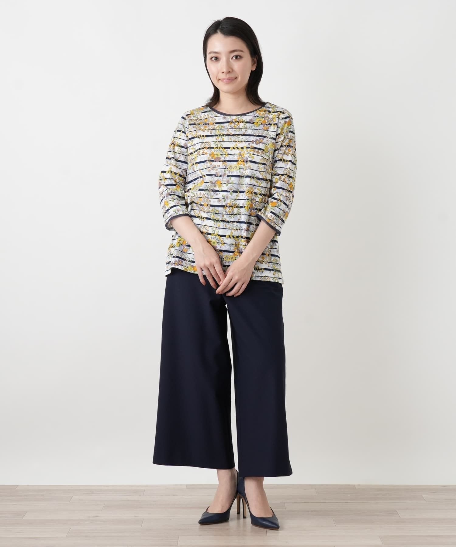 Leilian 花柄ボーダー七分袖カットソー【Leilian WHITE LABEL】 レリアン トップス カットソー・Tシャツ オレンジ ホワイト