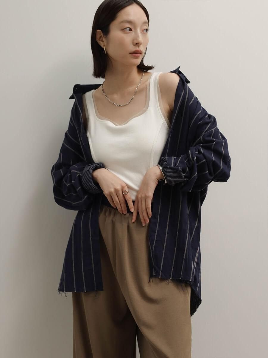 RADIATE ストライプガーゼカットオフシャツ ラシュッド トップス シャツ・ブラウス ネイビー ブラウン