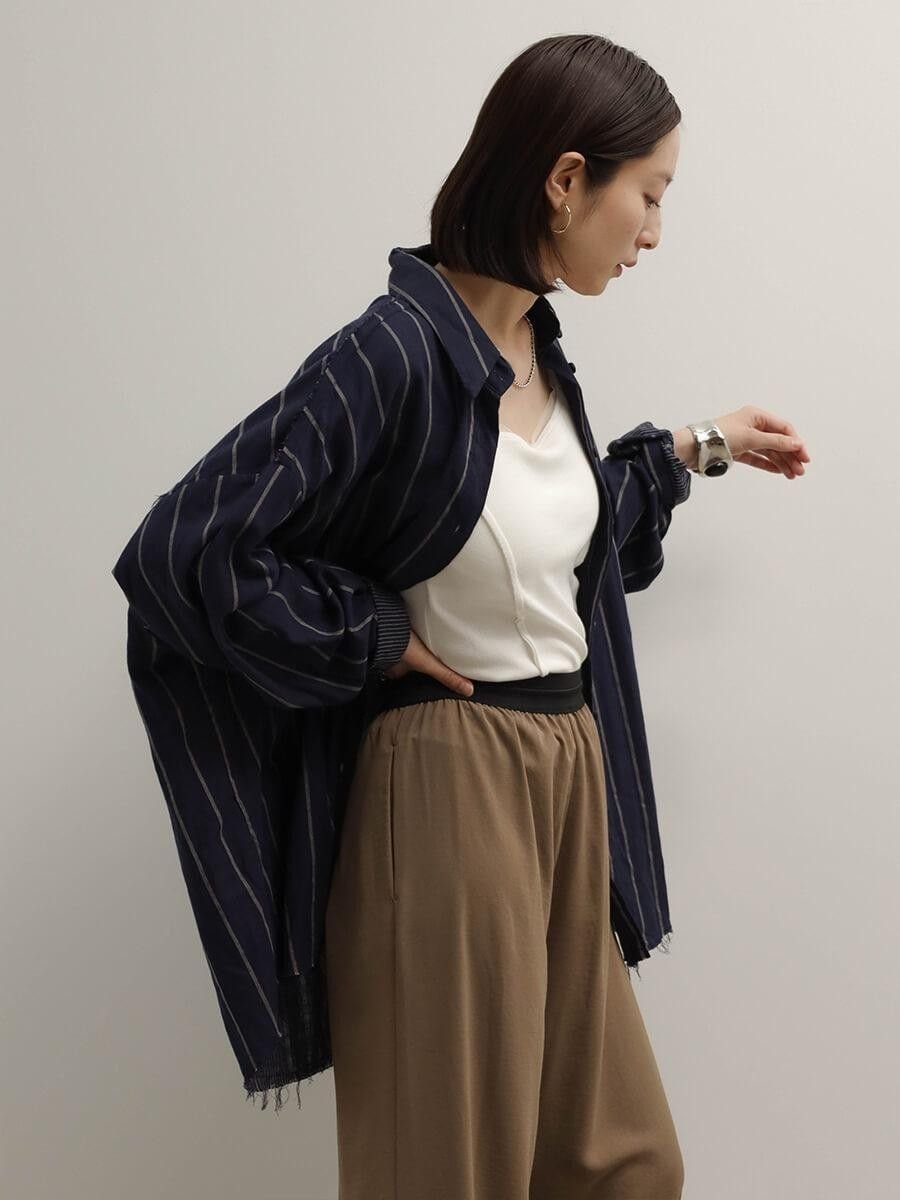 RADIATE ストライプガーゼカットオフシャツ ラシュッド トップス シャツ・ブラウス ネイビー ブラウン