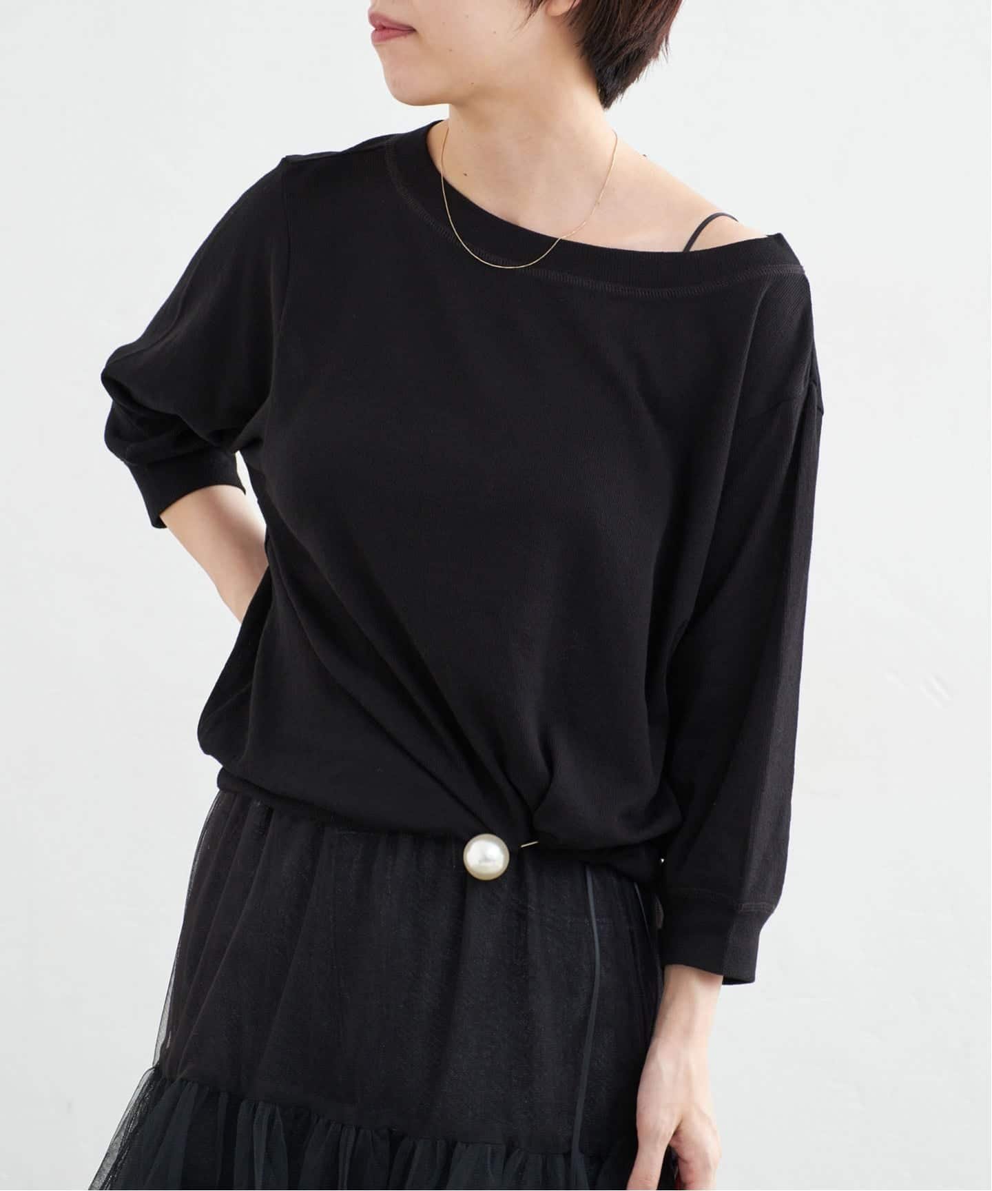 IENA ガーゼフライス ボートネックプルオーバー イエナ トップス カットソー・Tシャツ ブラック ホワイト