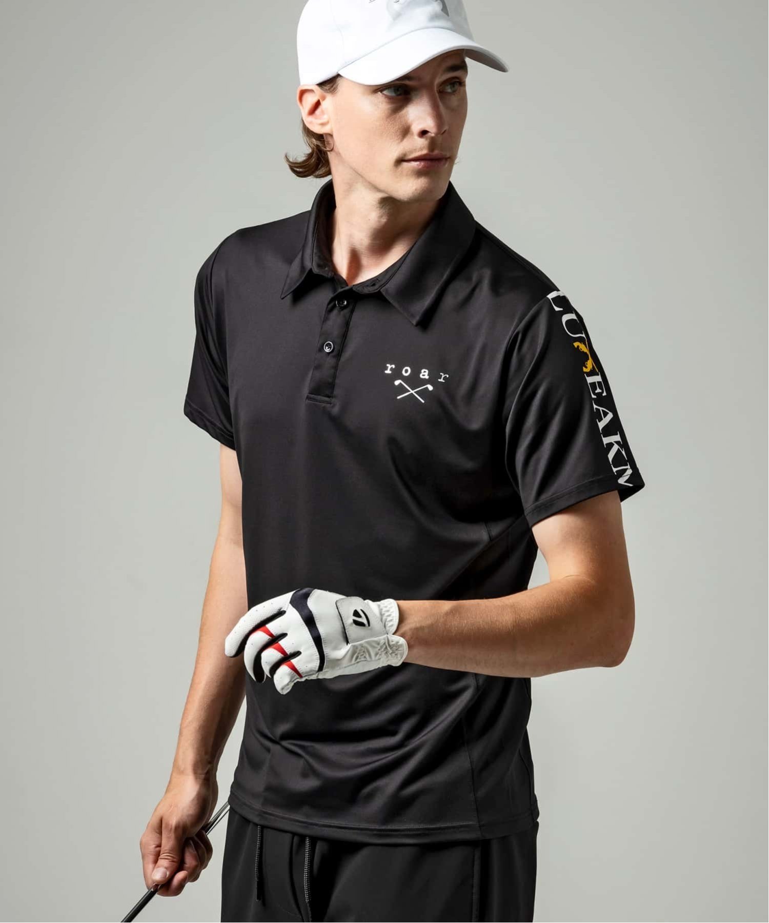 LUXEAKMPLUS LUXEAKMPLUS×roar ゴルフ スリーブロゴ半袖ポロシャツ シフォン トップス ポロシャツ ブラック ホワイト