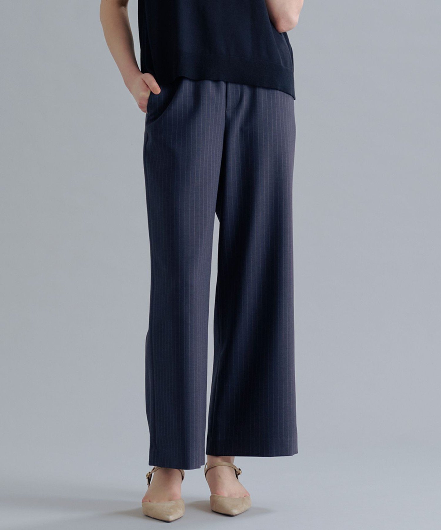 J.PRESS LADIES L ペンシル SLUB STRIPE ワイド イージー パンツ ジェイプレス パンツ その他のパンツ ネイビー