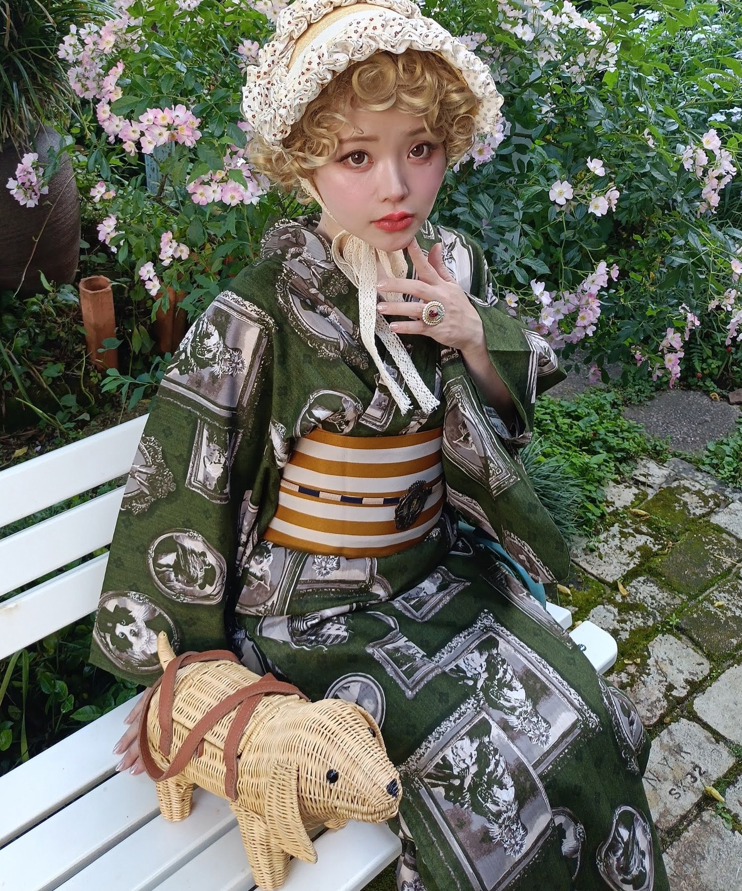 Nico@ntique ニコアンティーク 浴衣 3点セット 悪戯貴族の額装・グリーン Fサイズ ウタタネ 着物・浴衣・和装小物 浴衣 グリーン【送料無料】