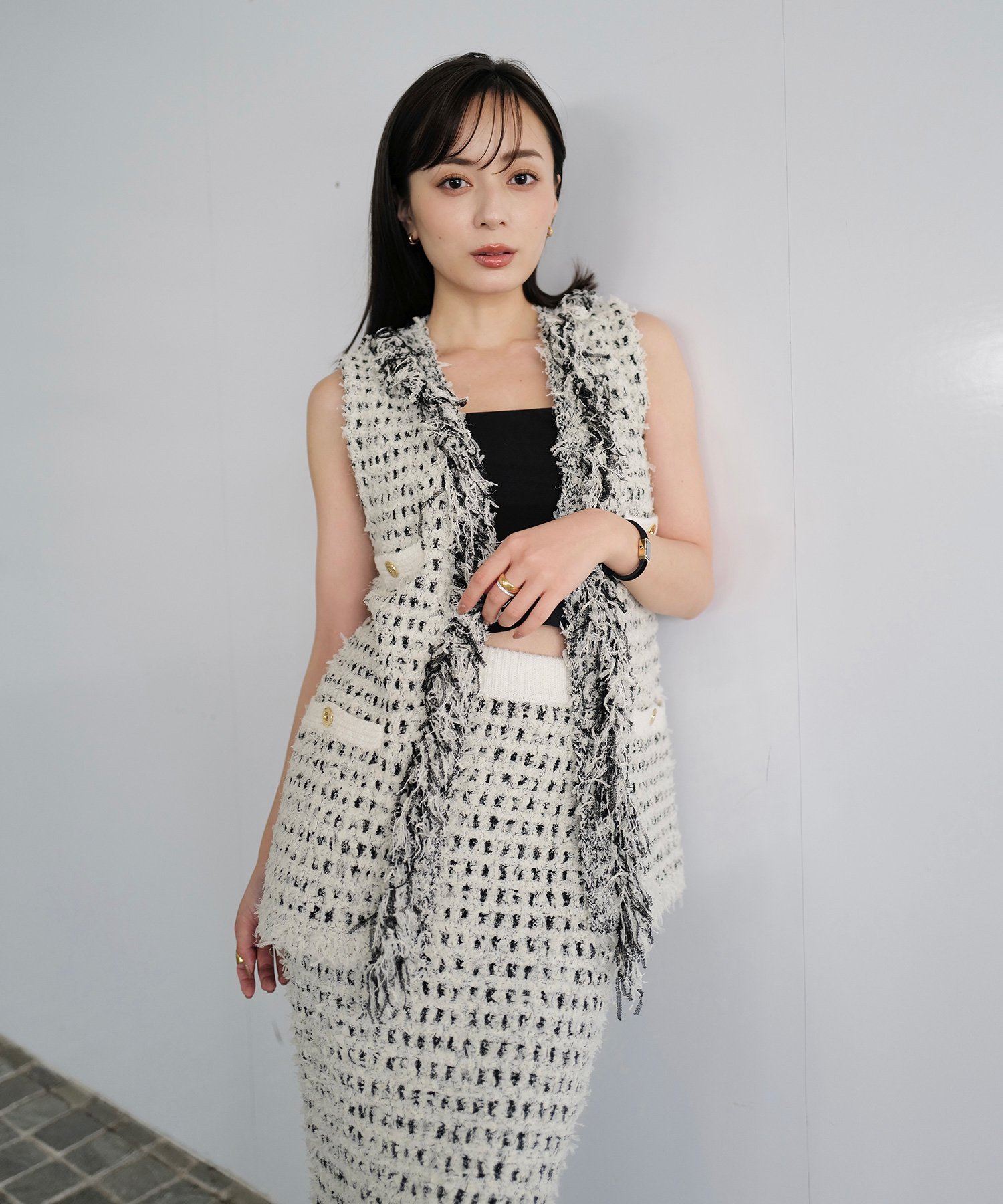 anuans チュールツイードジレトップス アニュアンス トップス ベスト・ジレ ブラック ホワイト【送料無料】のサムネイル