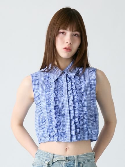 FURFUR ノースリーブフリルブラウス ファーファー トップス シャツ・ブラウス ネイビー ホワイト【送料無料】