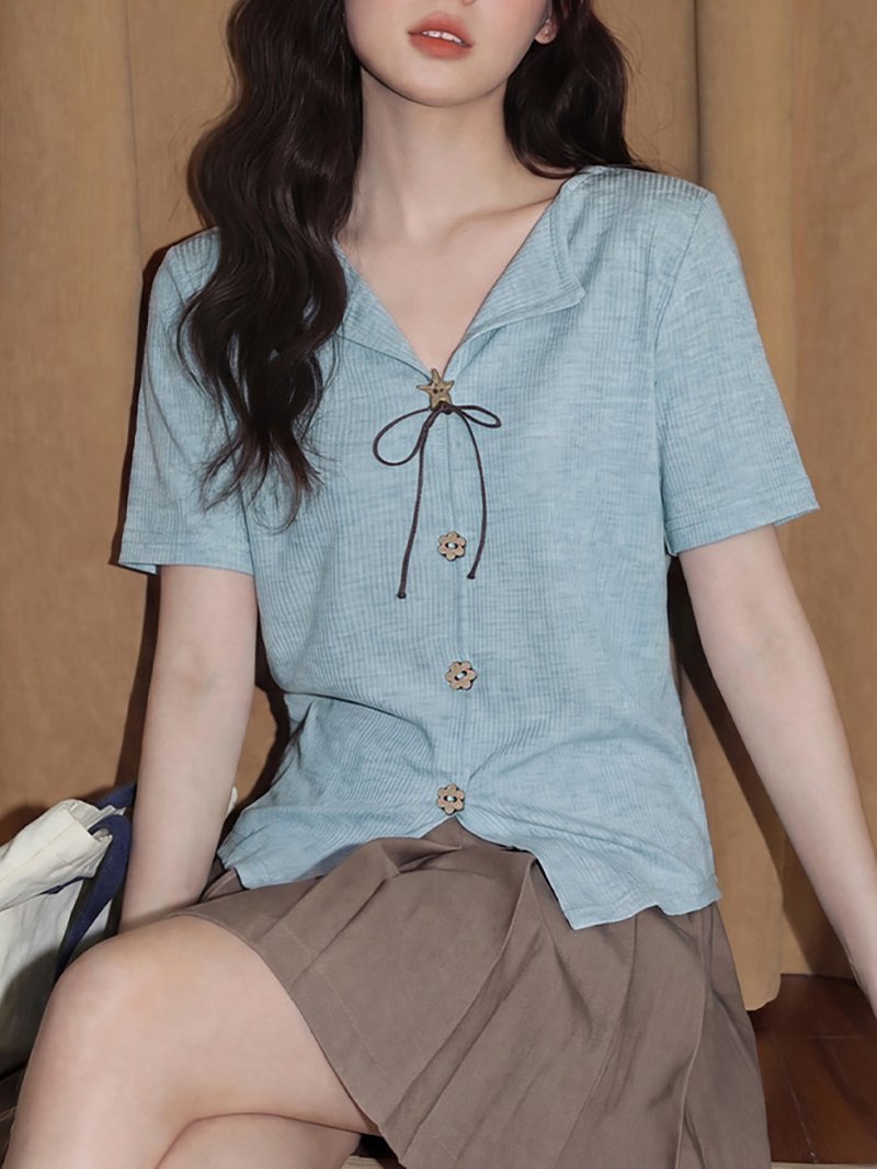 フロントリボン&ボタン装飾リブカットソー レディース トップス ドゥー・ベル トップス カットソー・Tシャツ ブルー