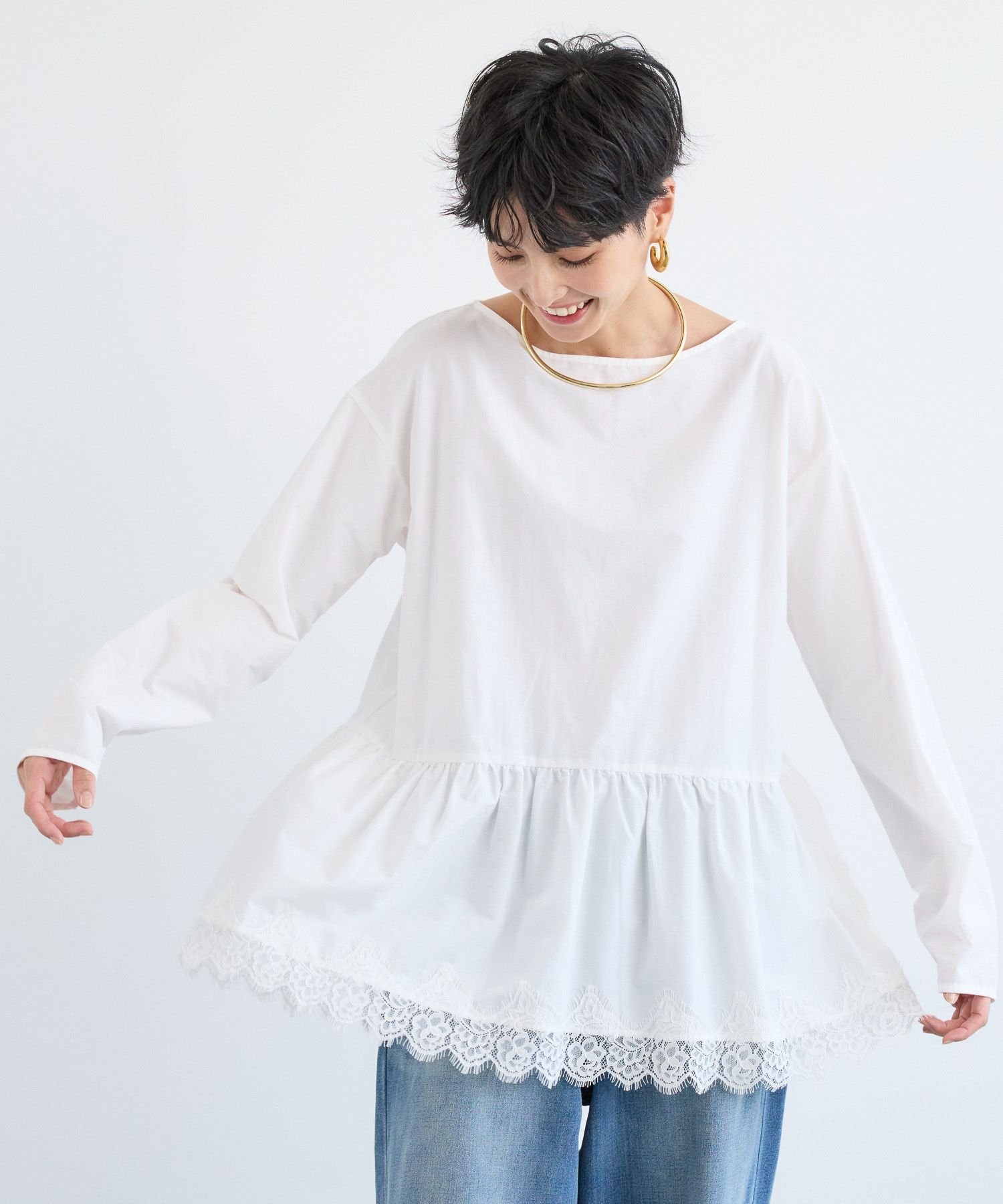 BARNYARDSTORM 裾フリルブラウス / ハンドウォッシャブル バンヤードストーム トップス シャツ・ブラウス ホワイト ブラック【送料無料】のサムネイル