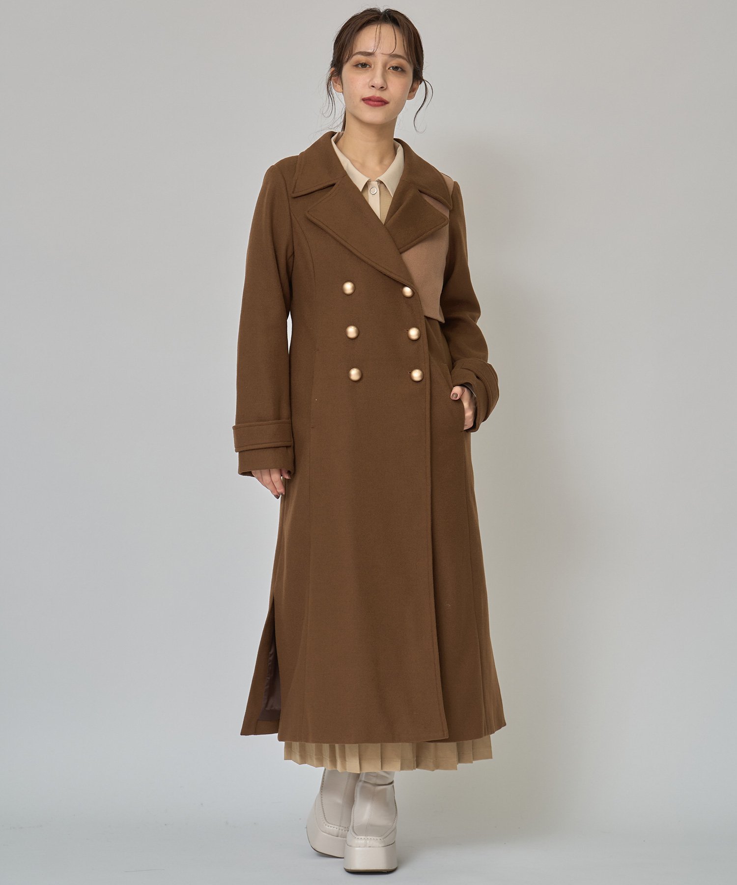 楽天Rakuten FashionREDYAZEL バイカラースリムチェスターコート レディアゼル ジャケット・アウター ステンカラーコート ブラウン ネイビー【送料無料】