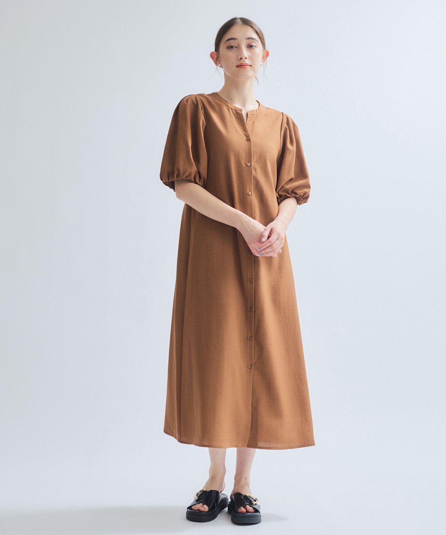 ketty タンブラーブッチャー前開きワンピース≪手洗い可能≫ ケティ ワンピース・ドレス ワンピース ブルー ブラウン