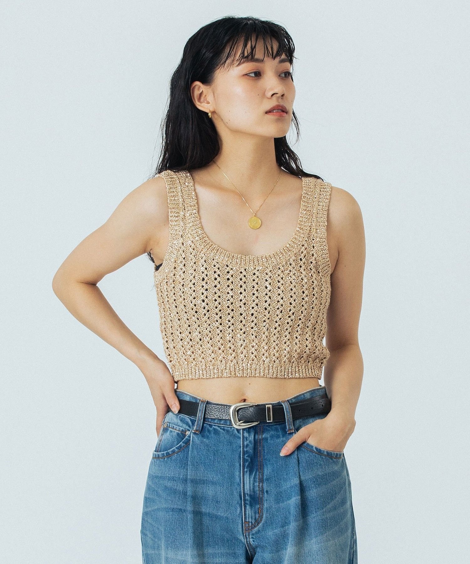 ROSE BUD LAME KNIT BUSTIER ローズバッド トップス ニット ベージュ ブラック