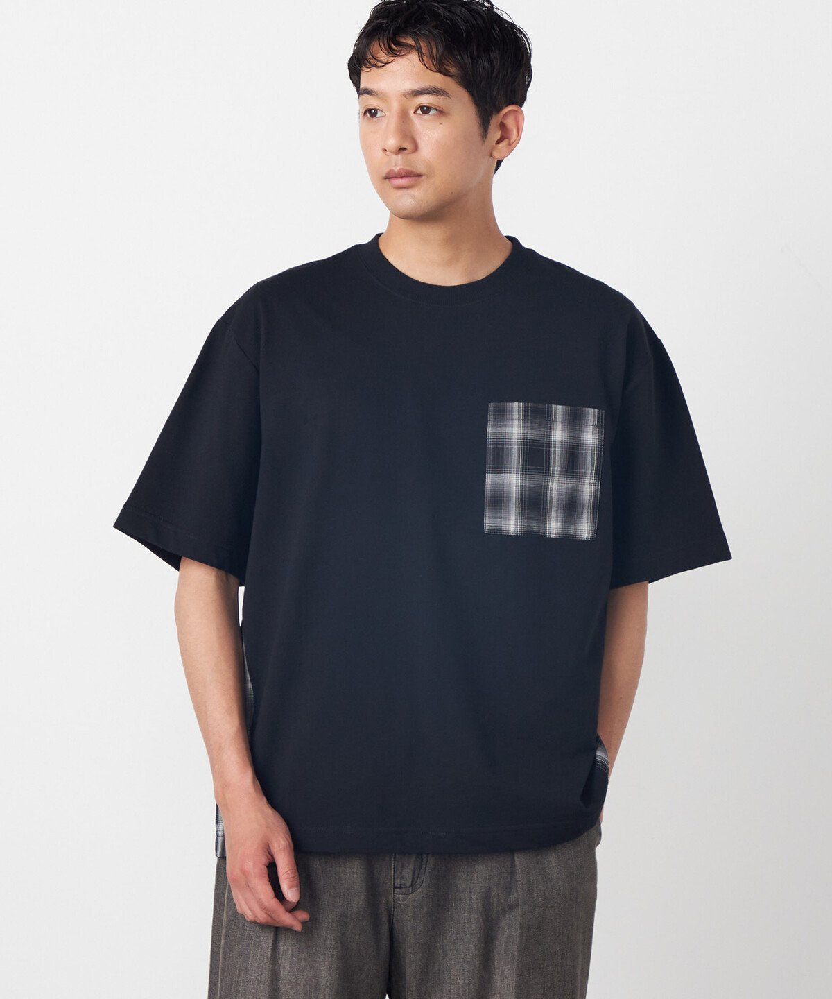 Purple&Yellow チェック切り替えプルオーバー コムサイズム トップス カットソー・Tシャツ ブラック