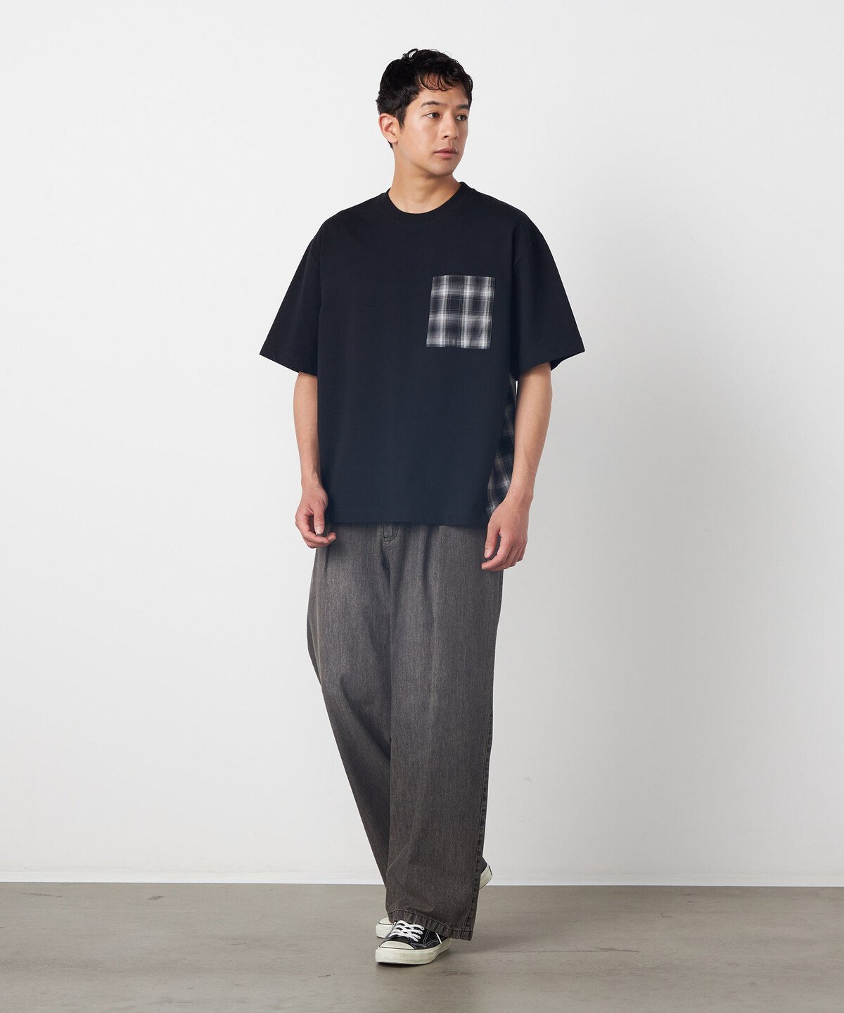 Purple&Yellow チェック切り替えプルオーバー コムサイズム トップス カットソー・Tシャツ ブラック