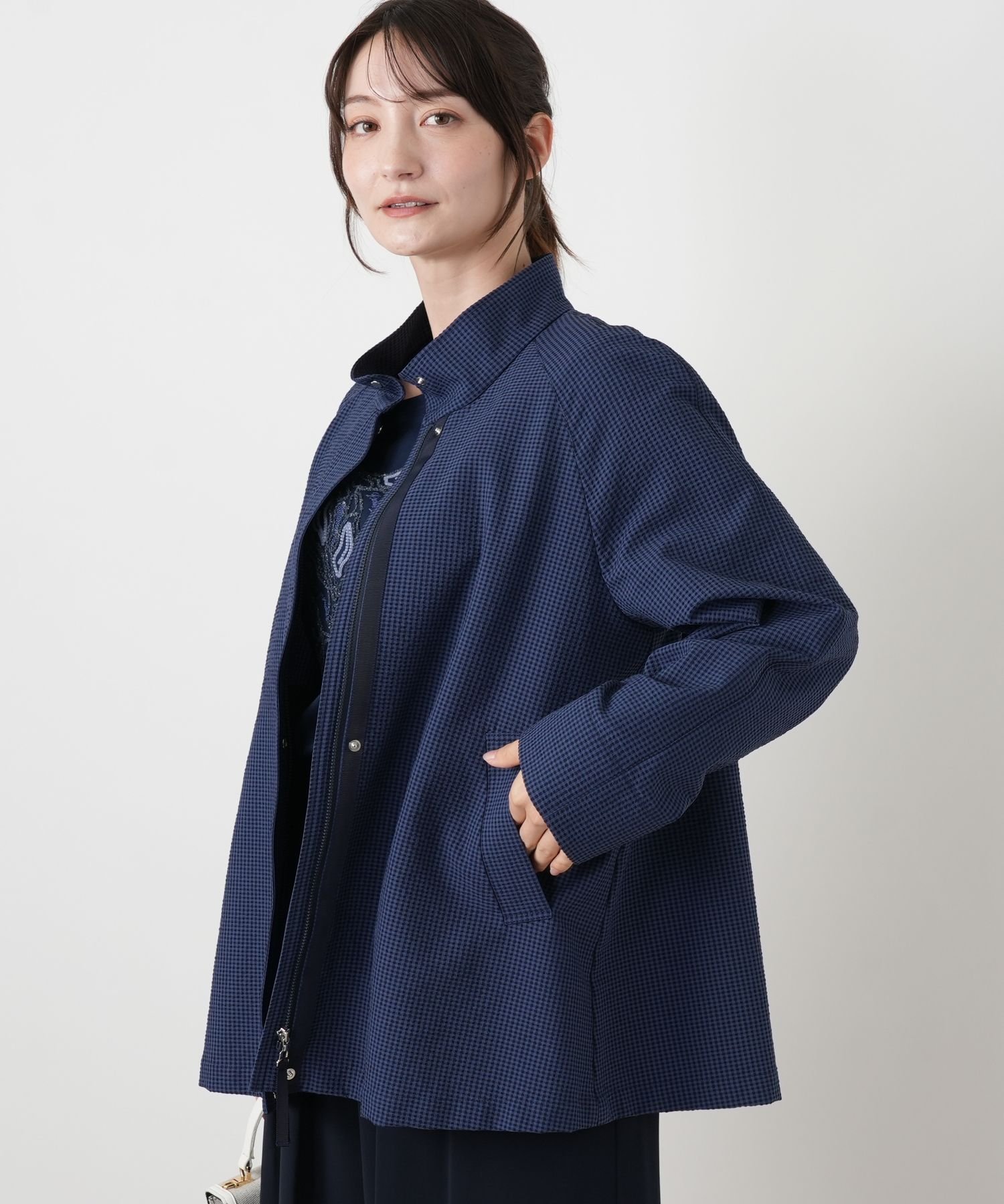 Leilian ギンガムチェックスタンドカラージャケット レリアン ジャケット・アウター テーラードジャケット・ブレザー ネイビー ブラック