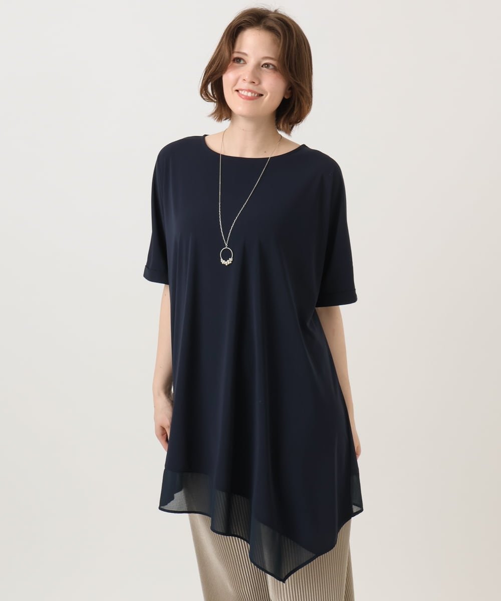 【大きいサイズ/ 接触冷感】シアーヘムイレヘムトップス エウルキューブ トップス カットソー・Tシャツ ブラック ネイビー