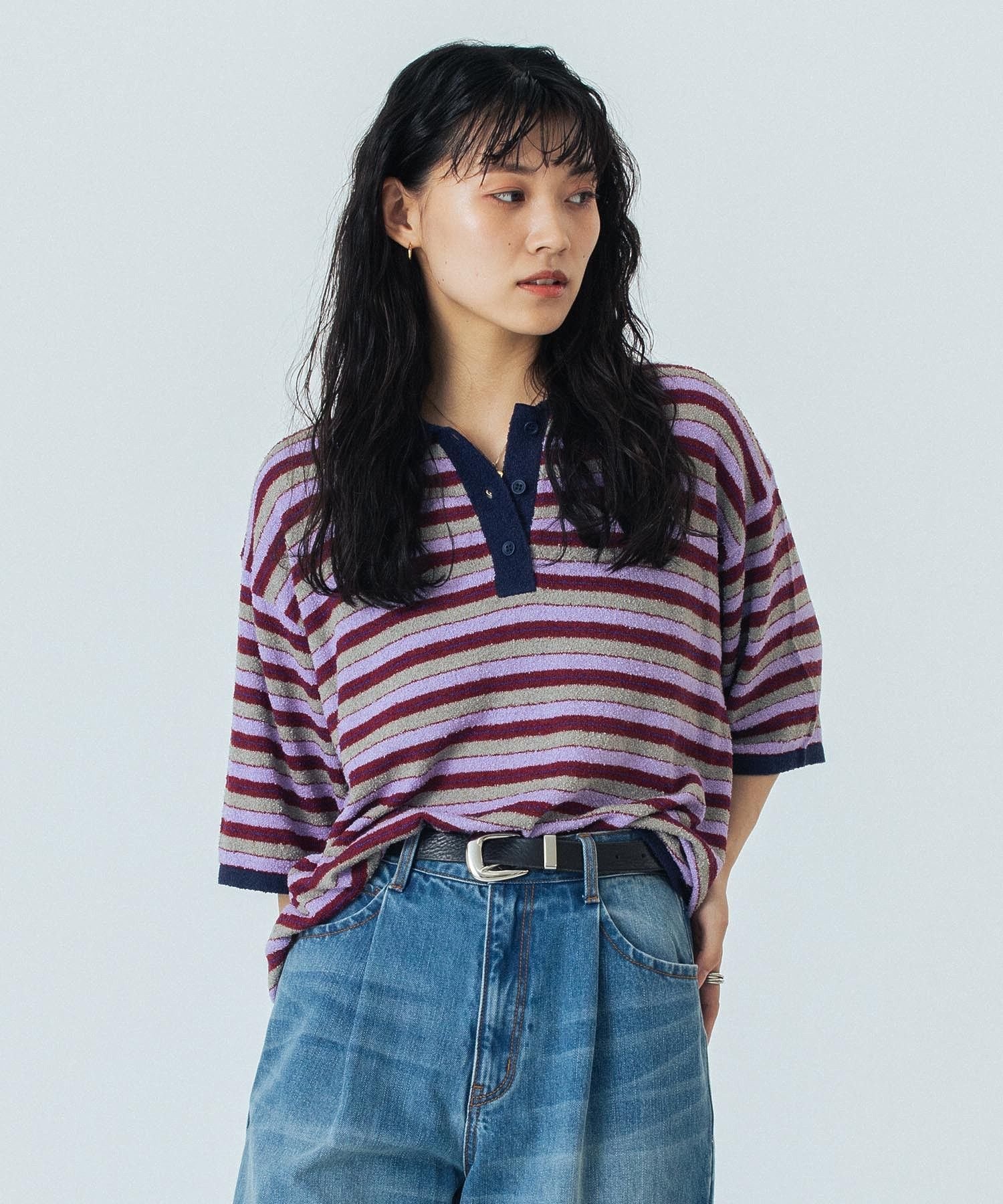 ROSE BUD MULTI STRIPE POLO TOP ローズバッド トップス ニット レッド パープル