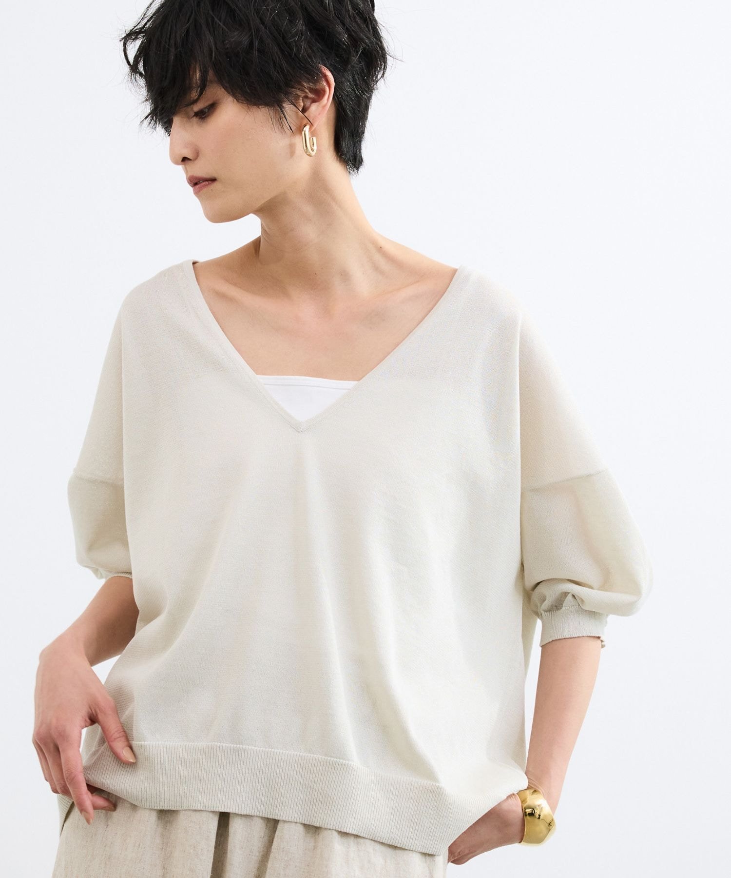 V-Neck - BARNYARDSTORM ビスコース五分袖ニット / ハンドウォッシャブル バンヤードストーム トップス ニット ベージュ グレー ブラック ブラウン【送料無料】