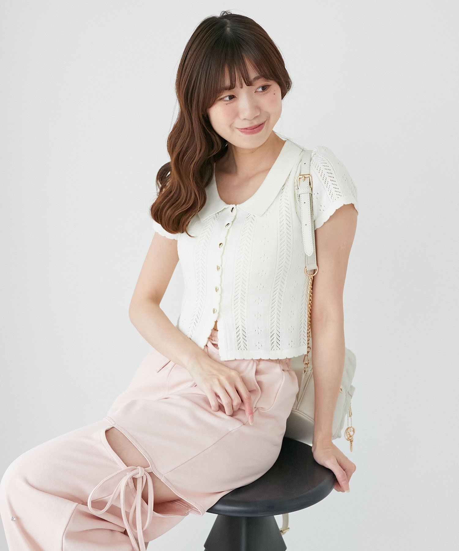 【SALE／70%OFF】MAJESTIC LEGON 襟付き透かし柄カーディガン マジェスティックレゴン トップス カーディガン ピンク ネイビー グレー ホワイト