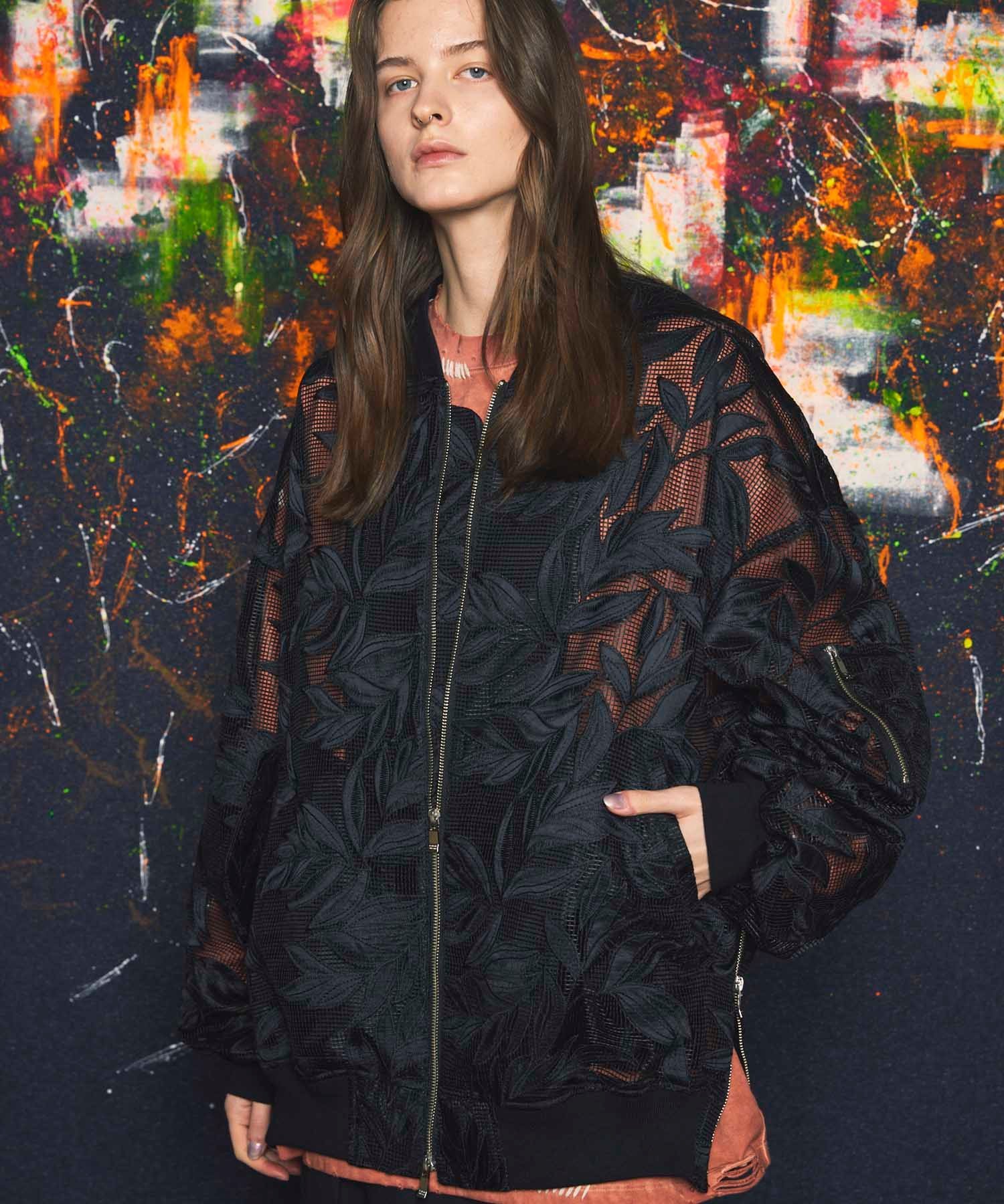 MAISON SPECIAL Flower Embroidery See-Through Prime-Over MA-1 Bomber Jacket メゾンスペシャル ジャケット・アウター MA-1 ブラック ホワイト【送料無料】のサムネイル