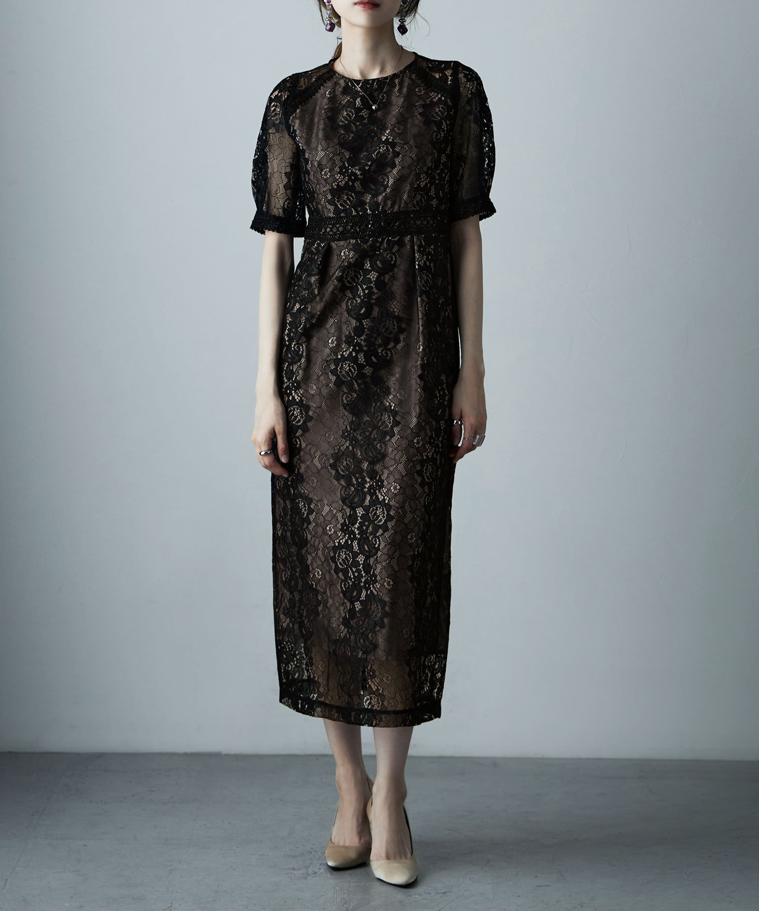 etoll. コクーンスリーブレースタイトドレス ビーフラット ワンピース・ドレス ドレス イエロー ブラウン グレー ブルー ブラック【送料無料】のサムネイル